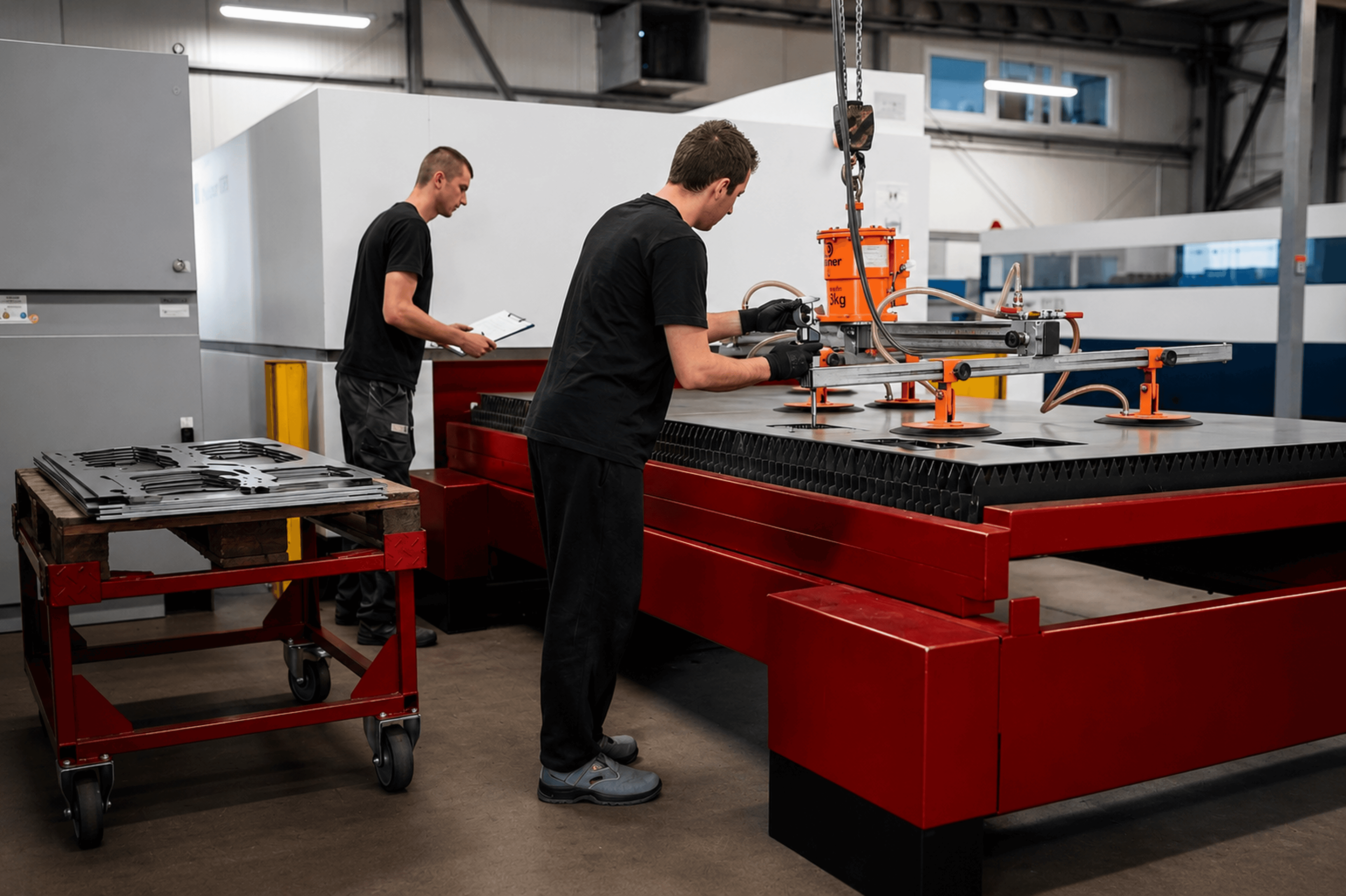 Sheet metal laser cutting machine in operation with operator reviewing nesting layout