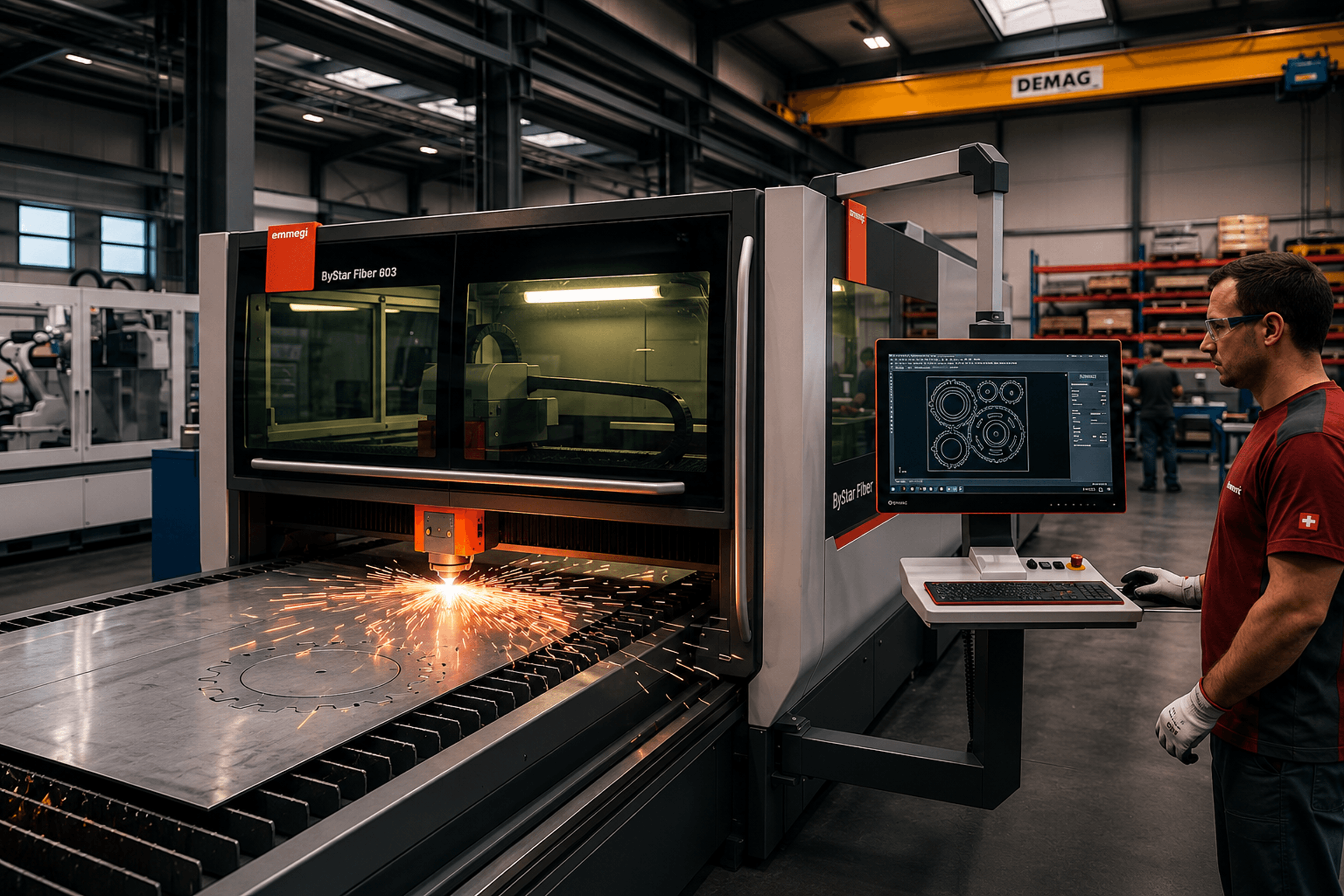 Sheet metal laser cutting machine in operation with operator reviewing nesting layout